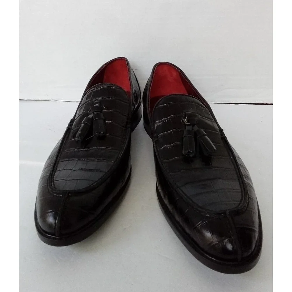 Deckard Mens Croc Embossed Leather Tassel Loafers Dark Brown Dress Shoes